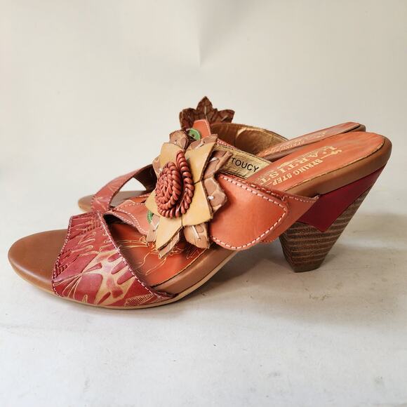 L'Artiste Spring Step Toucy Orange Floral Sandals EU 37 US 6.5-7 Stacked Heel - Picture 5 of 7